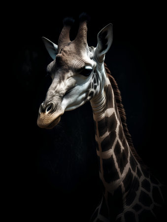 Portrait of a giraffe on a black background. Studio shot.の素材