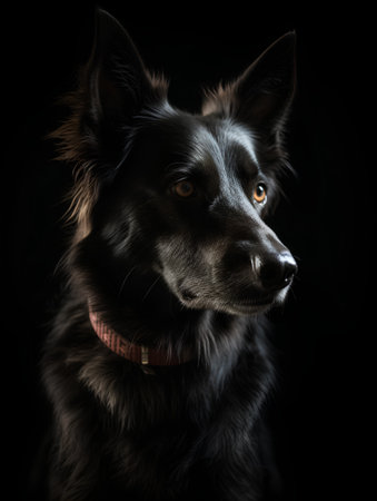Studio portrait of a mixed breed dog on a black background. Black dog.の素材
