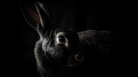 Rabbit on a black background. Portrait of a rabbit on a dark background.の素材