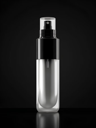 Cosmetic spray bottle isolated on black background. 3d illustration.の素材