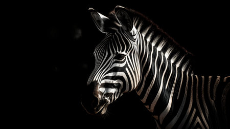 Zebra head on a black background. Close-up portrait.の素材