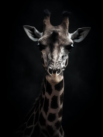 Portrait of a giraffe on a black background. Studio shot.の素材