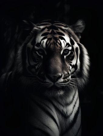 Portrait of a tiger on a dark background. Black and white photo.の素材