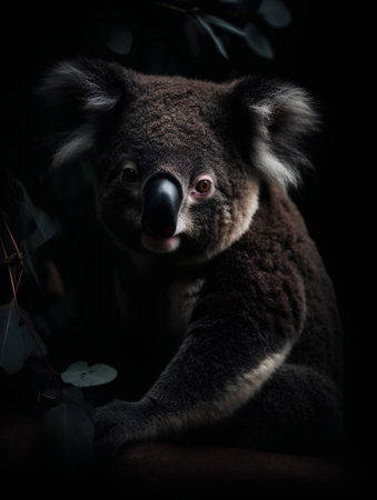 Cute koala on a dark background with eucalyptusの素材