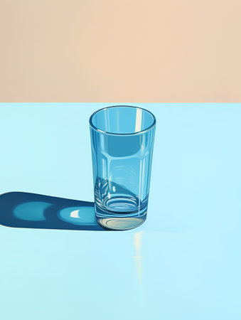 Glass of water on blue and beige background. 3D renderingの素材