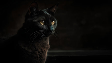 Black cat with yellow eyes on a dark background. Shallow depth of field.の素材