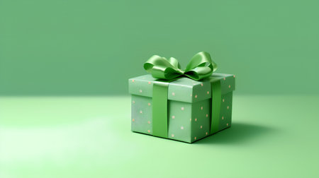 Green gift box with green bow on green background. 3d renderingの素材