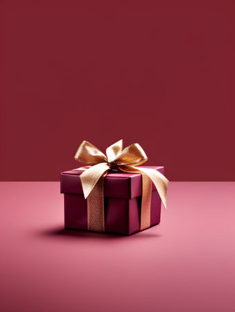 Red gift box with golden bow on red background. 3d renderingの素材