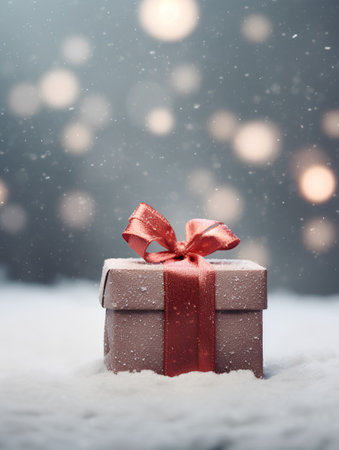 Gift box on snow with bokeh and snowflakes backgroundの素材
