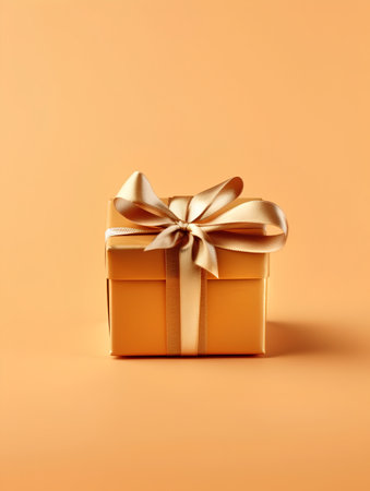 Gift box with golden bow on orange background. 3d renderingの素材