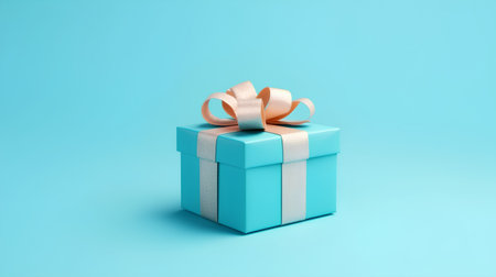 Blue gift box with gold bow on blue background. 3d renderingの素材