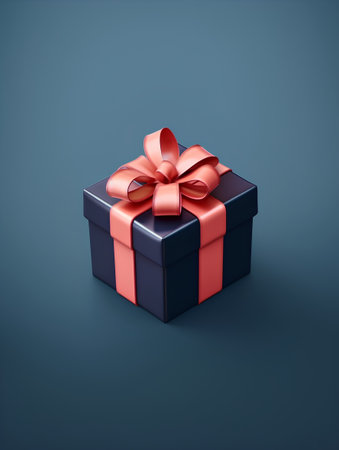 Blue gift box with red bow on blue background. 3D renderingの素材