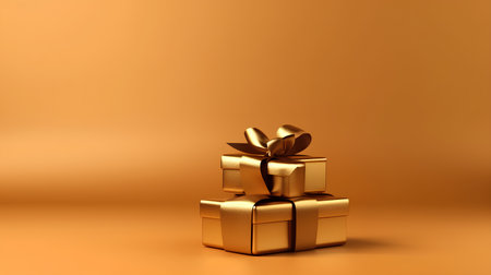 Golden gift boxes on orange background. 3d render. Holiday concept.の素材