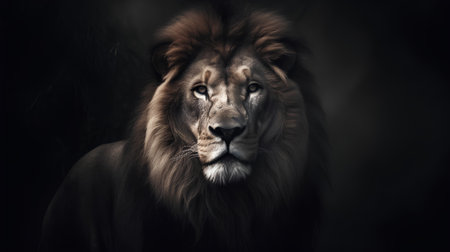 Portrait of a big male lion on a dark background. Animal portrait.の素材