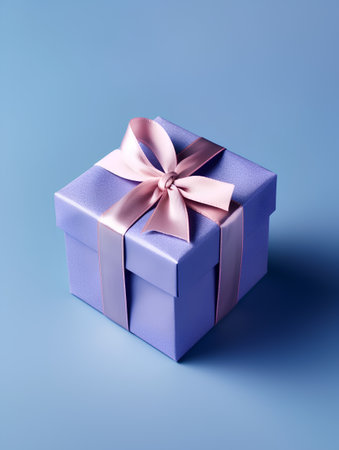 Blue gift box with pink bow on blue background. 3d renderの素材