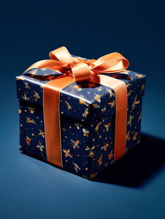 Gift box with orange bow on blue background. 3d renderingの素材