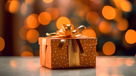 Gift box with gold bow on bokeh light background.の素材