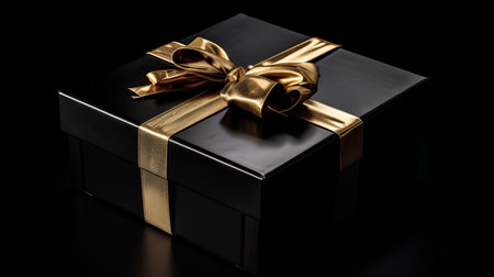 Black gift box with gold bow on black background. Luxury holiday concept.の素材