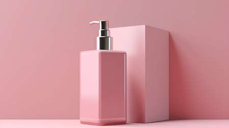 Cosmetic bottle with dispenser on pink background. 3d renderingの素材