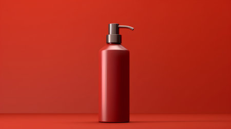 Red cosmetic bottle mockup on red background. 3d render illustrationの素材