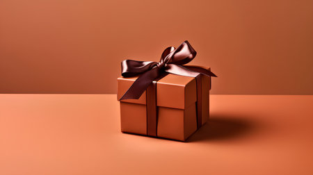 Gift box with brown bow on orange background. 3d renderingの素材