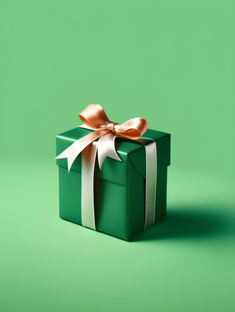 Green gift box with gold bow on green background. 3d renderingの素材