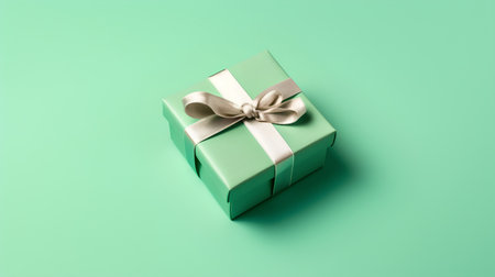 Green gift box with bow on turquoise background. Minimal holiday concept.の素材
