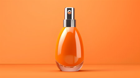 Orange perfume bottle isolated on orange background. 3d render illustration.の素材