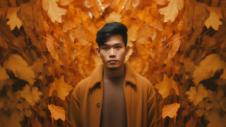 Portrait of a young asian man in the autumn park.の素材