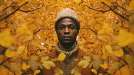 African american woman in autumn park. Fashion portrait of young black woman in yellow leaves.の素材