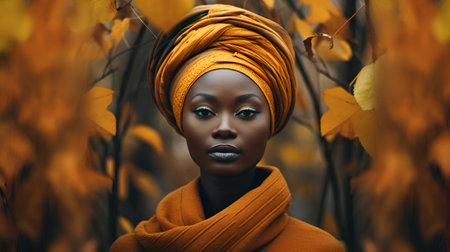 Fashionable african american woman in orange headscarf and yellow scarf posing in autumn park.の素材