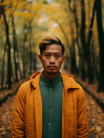 Portrait of a handsome asian man in a yellow jacket standing in the autumn forest.の素材