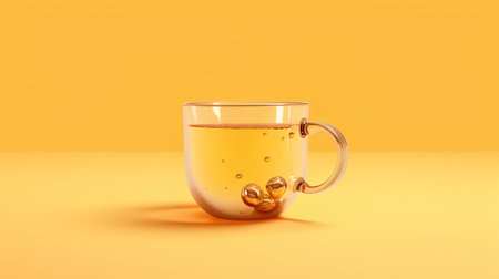 3d render of a cup of tea on a yellow background.の素材