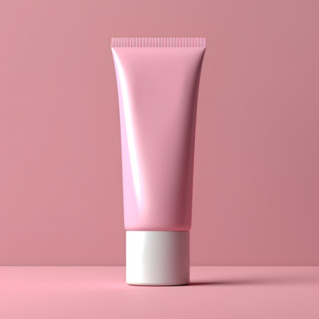Blank pink cosmetic tube mockup on pink background. 3d renderingの素材
