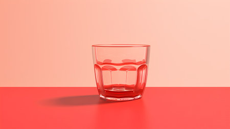 Glass of water on red background. 3d illustration. Minimal style.の素材