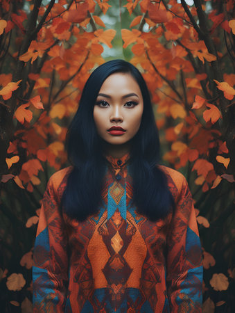 Beautiful asian woman in autumn forest. Fashion portrait of beautiful asian girl.の素材