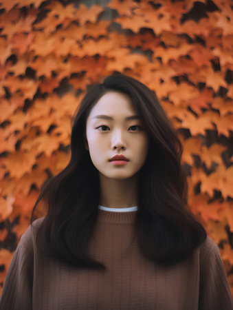 Portrait of young beautiful asian woman with autumn leaves background.の素材