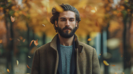 Handsome bearded man in autumn park. Portrait of handsome young man with stylish hair and beard.の素材