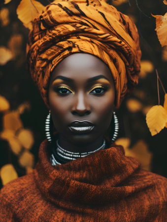 Beautiful african american woman with bright make up and headscarfの素材