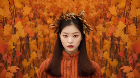 Beautiful young asian woman with autumn leaves in her hair.の素材