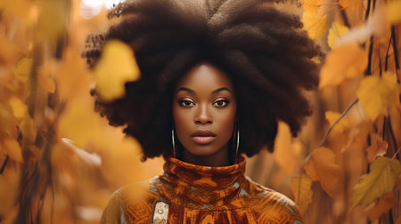 Beautiful african american woman with afro hairstyle in autumn park.の素材