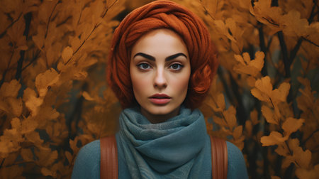 Portrait of a beautiful redhead girl in a turban in the autumn forestの素材