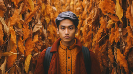 Portrait of a young man in a park with autumn leaves.の素材