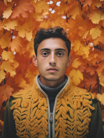 Portrait of a handsome young man in a yellow sweater on a background of autumn leavesの素材