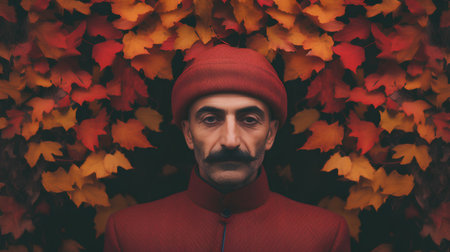 Portrait of a man in a red sweater and hat on a background of autumn leavesの素材