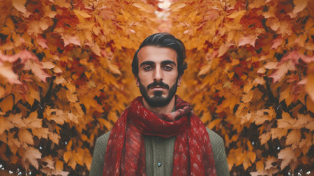 Portrait of a handsome bearded man in the autumn park. Men's beauty, fashion.の素材