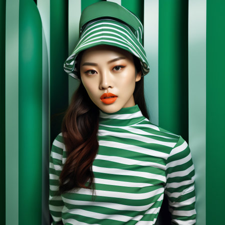 Fashion portrait of beautiful asian woman with green hat and striped shirtの素材