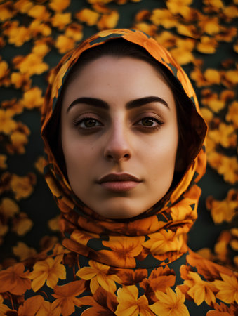 Portrait of a beautiful young woman in a headscarf on a background of autumn leavesの素材