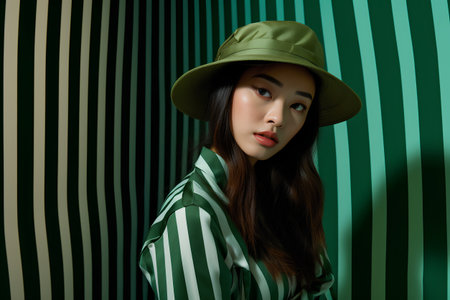 Portrait of a beautiful young asian woman in a green shirt and hat on a striped background.の素材