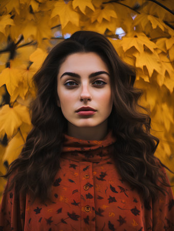 Portrait of a beautiful young brunette woman in autumn park.の素材